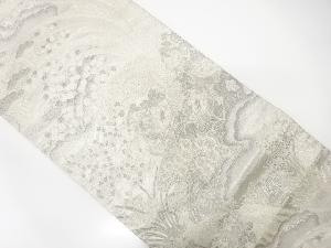 プラチナ箔　尾長鳥・牡丹松藤模様織り出し袋帯